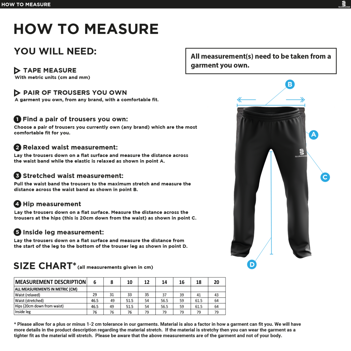 Brighton & Hove Crescent CC - Women's Rip Stop Track Pant - Size Guide