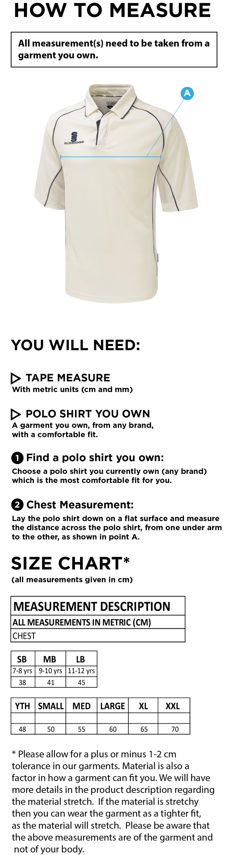 Brighton & Hove Crescent CC - 3/4 Premier Shirt - Size Guide