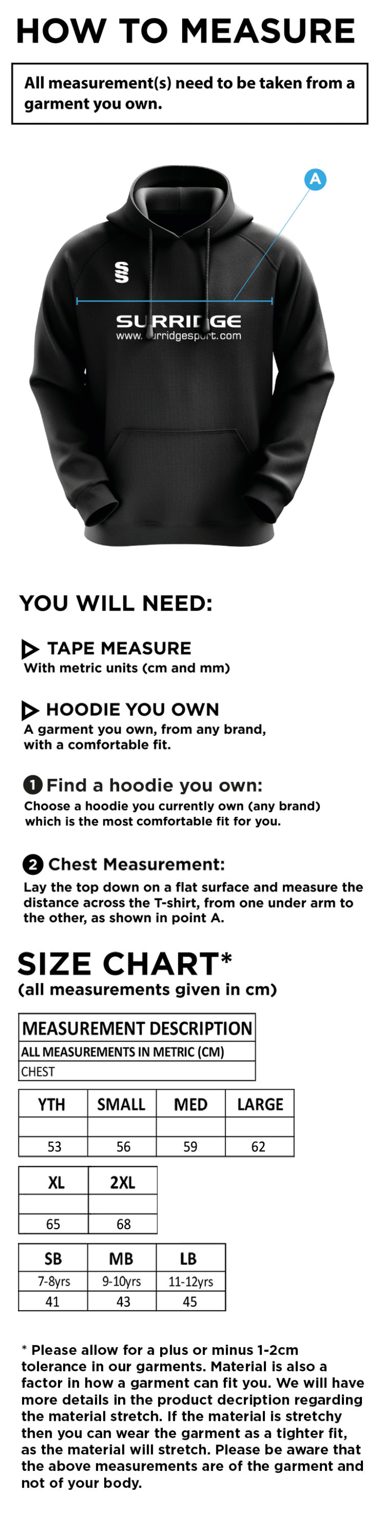 Brighton & Hove Crescent CC - Blade Hoody - Size Guide