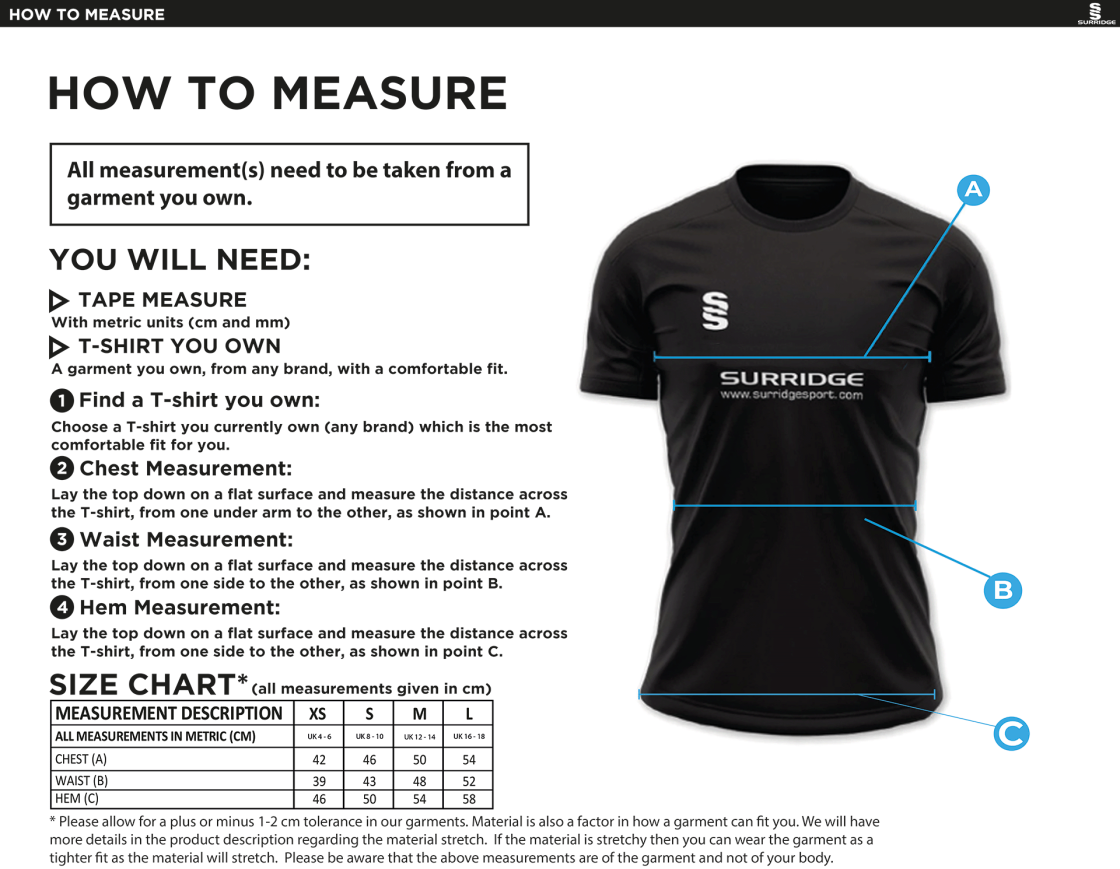 Brighton & Hove Crescent CC - Women's Dual Solid Colour Polo - Size Guide