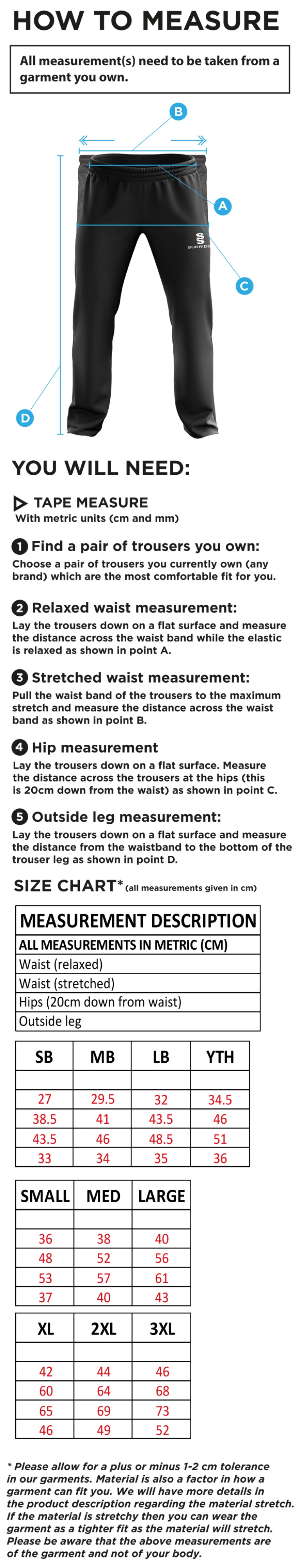 Brighton & Hove Crescent CC - Rip Stop Track Pant - Size Guide