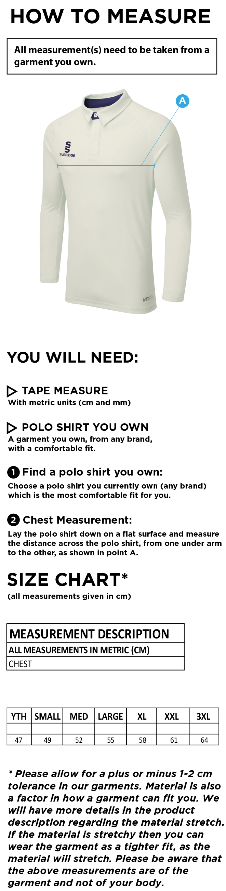 Brighton & Hove Crescent CC - Long Sleeve Tek Shirt - Size Guide
