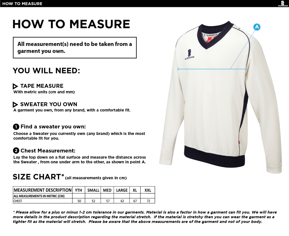 Brighton & Hove Crescent CC - Long Sleeve Sweater - Size Guide