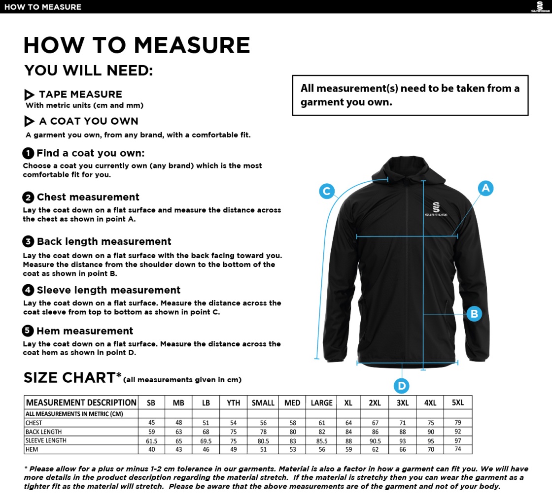 Brighton & Hove Crescent CC - Dual Full Zip Training Jacket - Size Guide