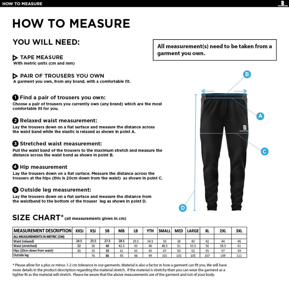 Brighton & Hove Crescent CC - Tek Slim Training Pants - Size Guide