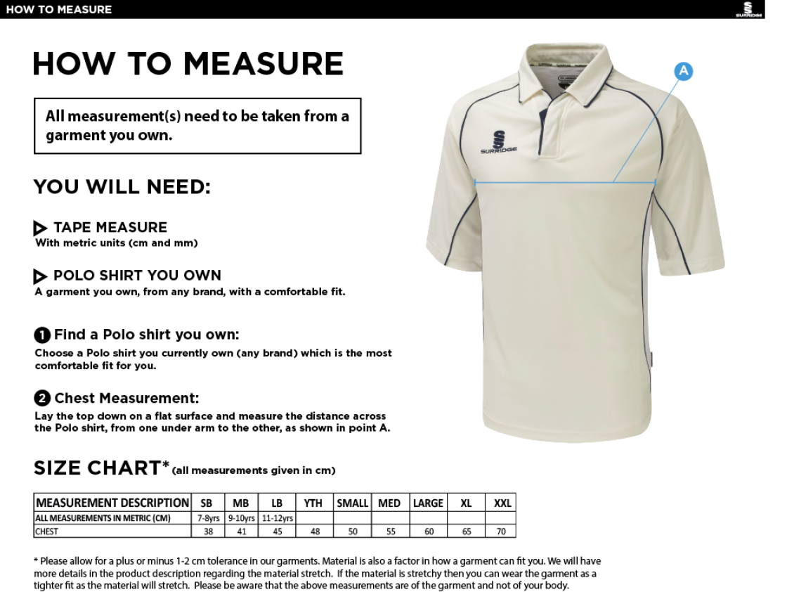 Brighton & Hove Crescent CC - 3/4 Premier Shirt - Size Guide