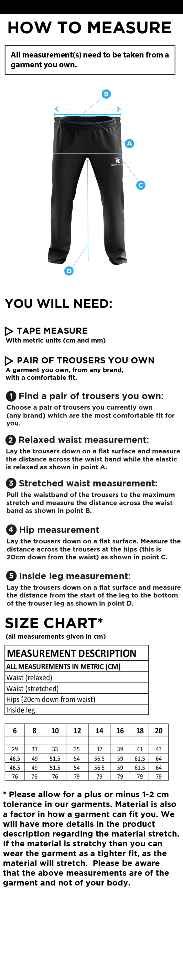 Brighton & Hove Crescent CC - Women's Rip Stop Track Pant - Size Guide