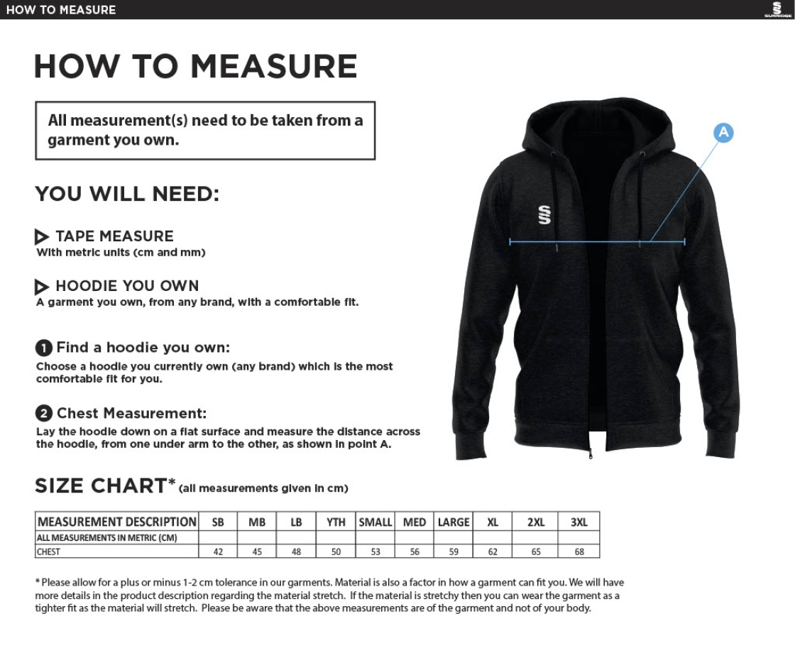 Brighton & Hove Crescent CC - Dual Full Zip Hoody - Size Guide