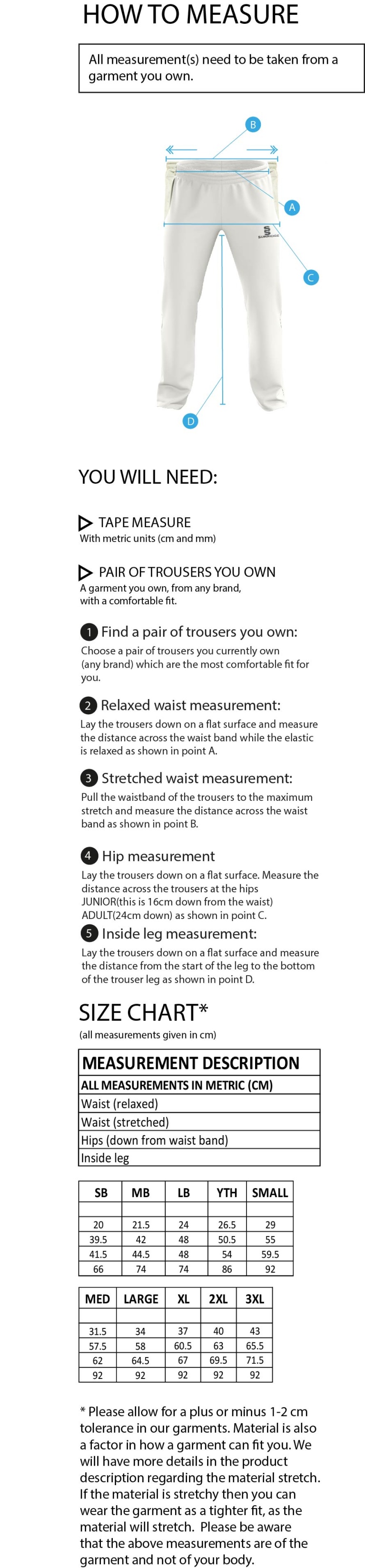 Brighton & Hove Crescent CC - Pro Playing Trousers - Size Guide