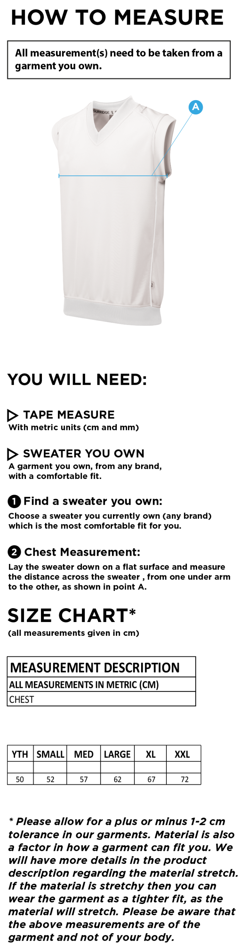 Brighton & Hove Crescent CC - Sleevless Sweater - Size Guide