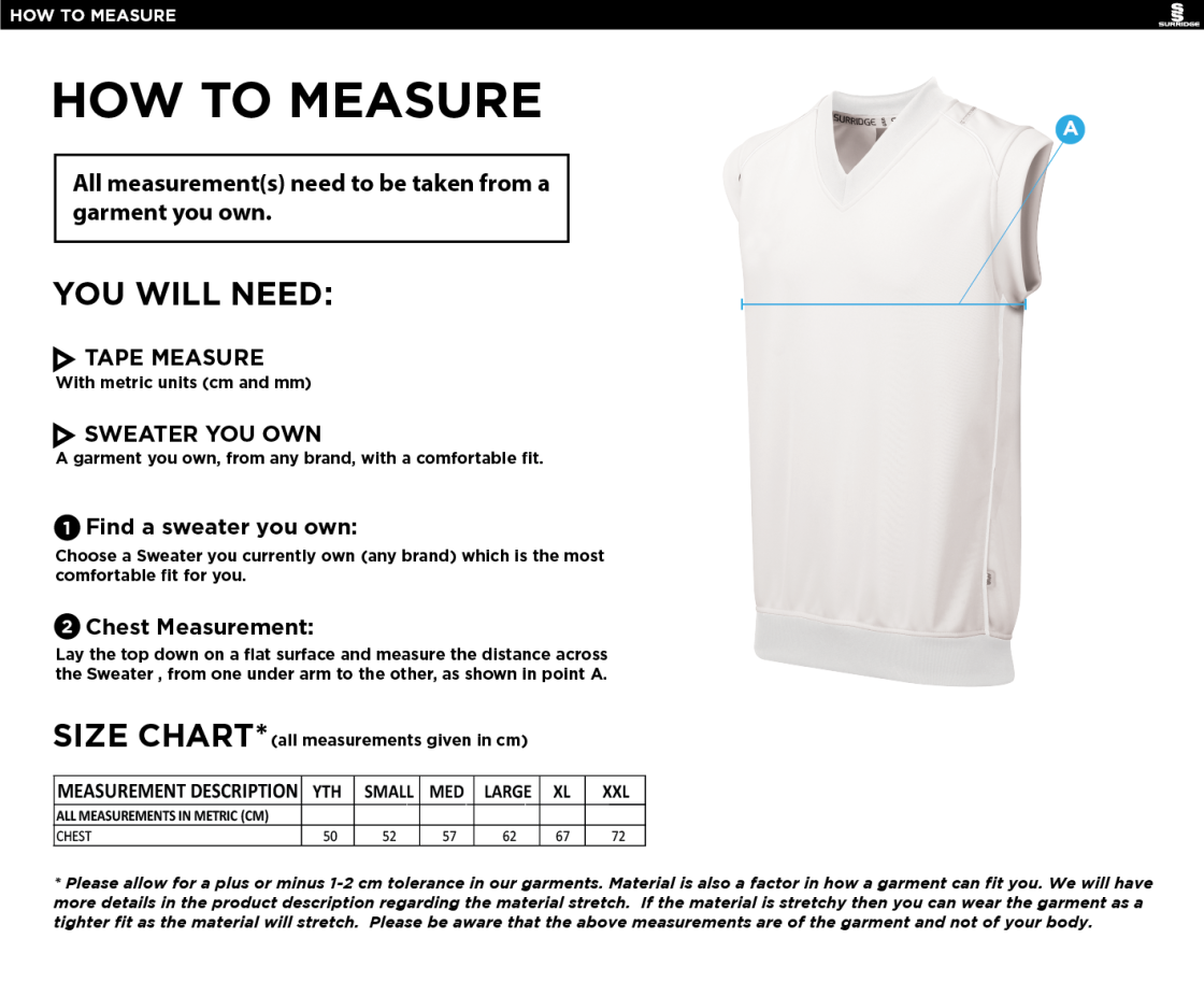 Brighton & Hove Crescent CC - Sleevless Sweater - Size Guide