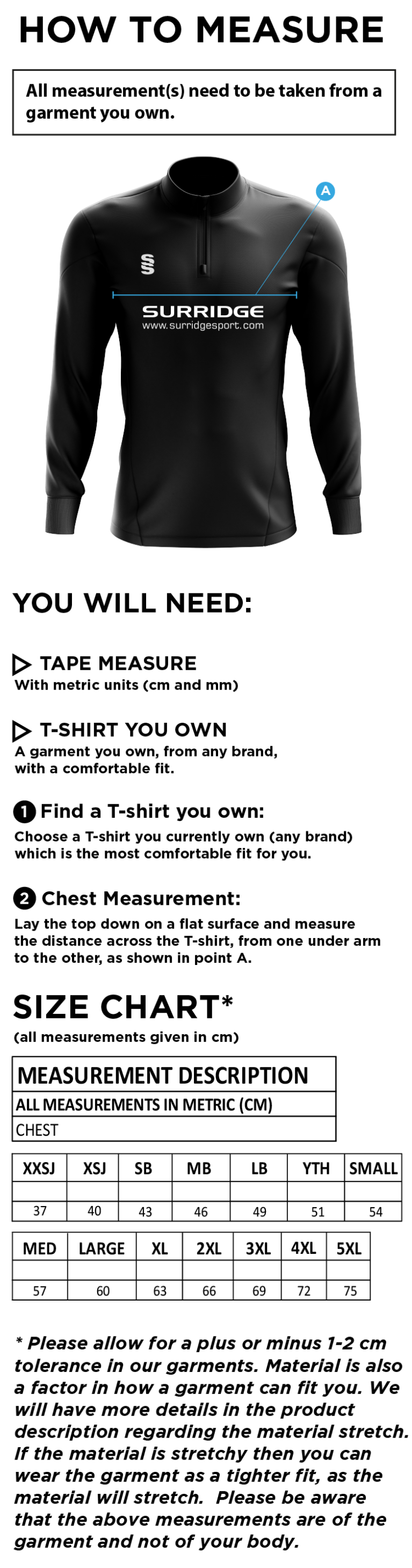 Brighton & Hove Crescent CC - 1/4 Zip Dual Performance Top - Size Guide