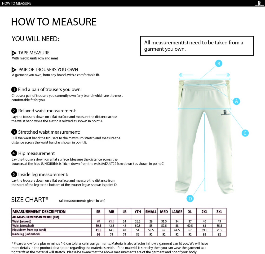 Brighton & Hove Crescent CC - Pro Playing Trousers - Size Guide