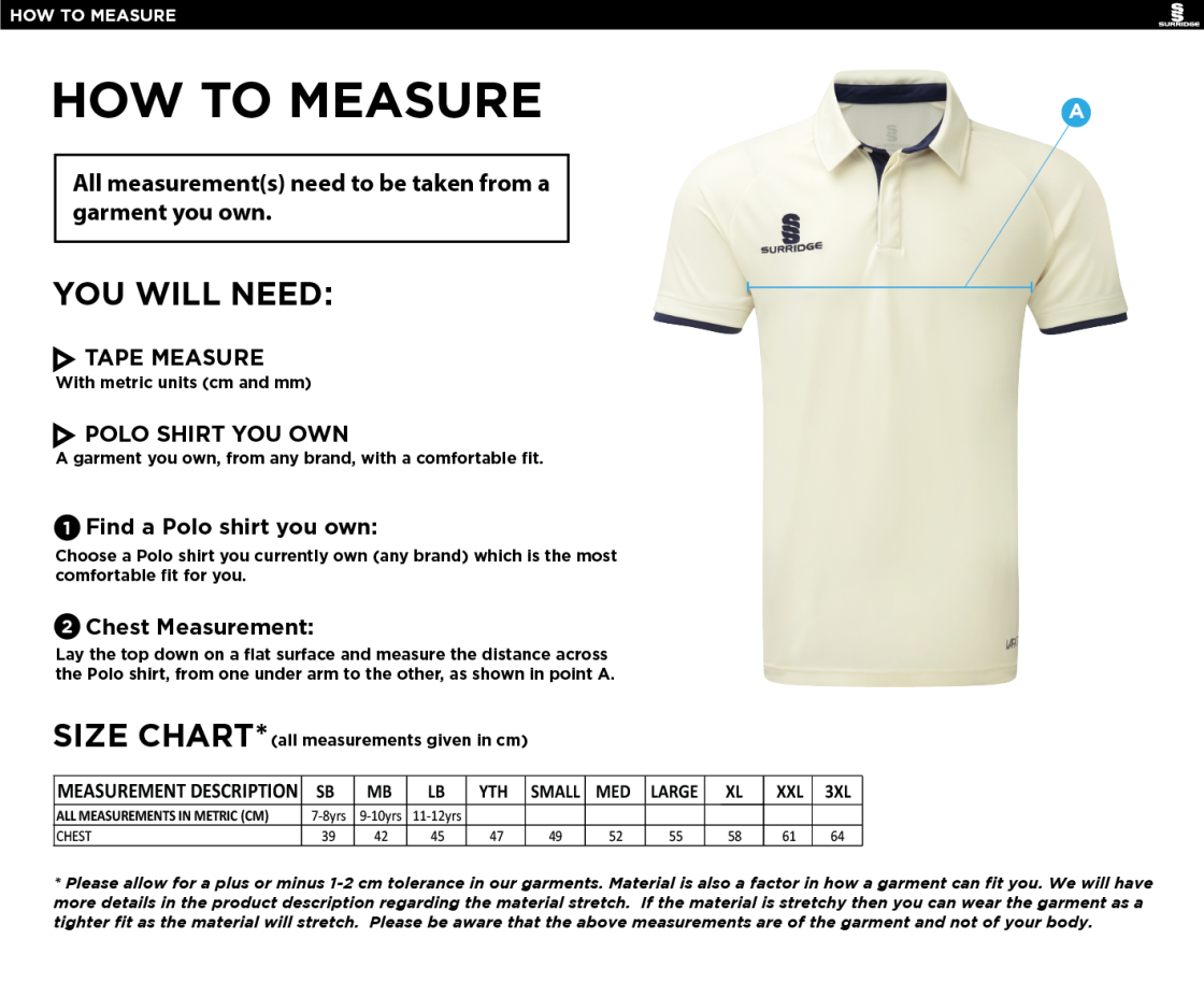 Brighton & Hove Crescent CC - Short Sleeve Tek Shirt - Size Guide
