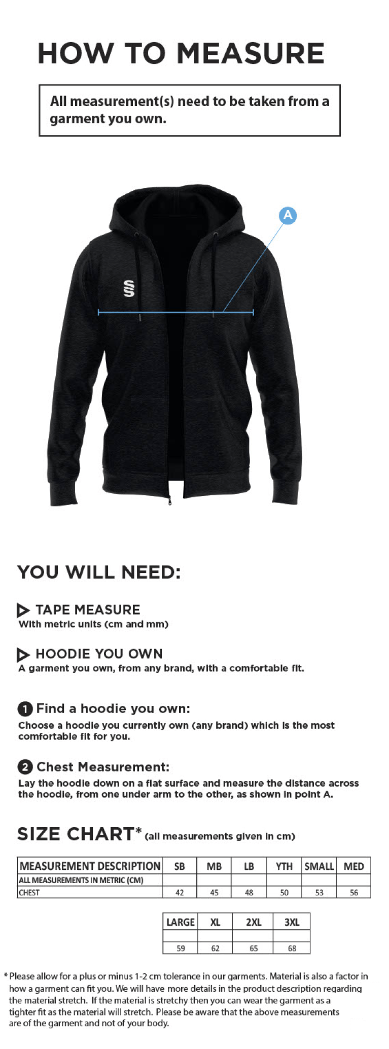 Brighton & Hove Crescent CC - Dual Full Zip Hoody - Size Guide