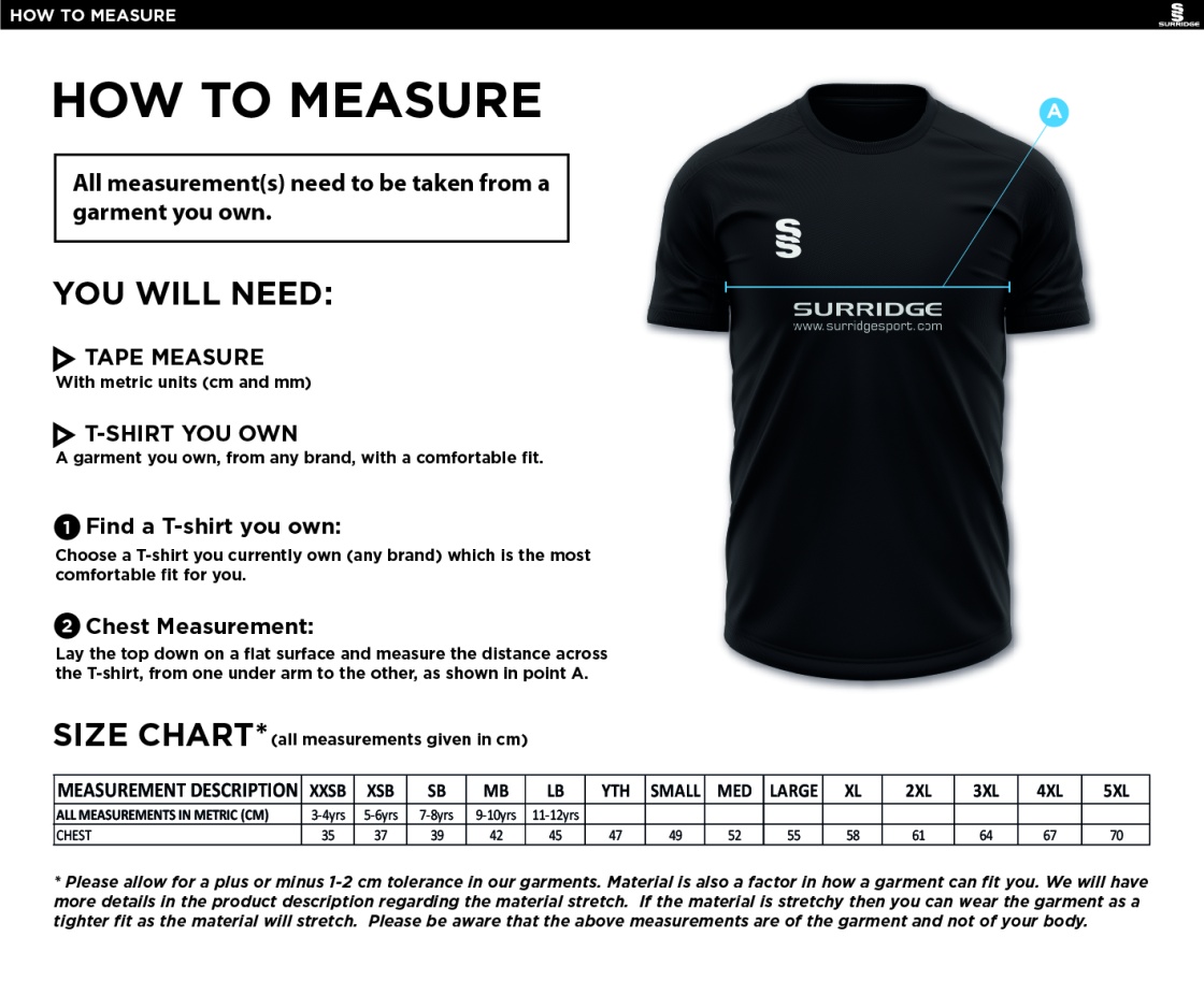 Brighton & Hove Crescent CC - Dual Gym T-shirt - Size Guide