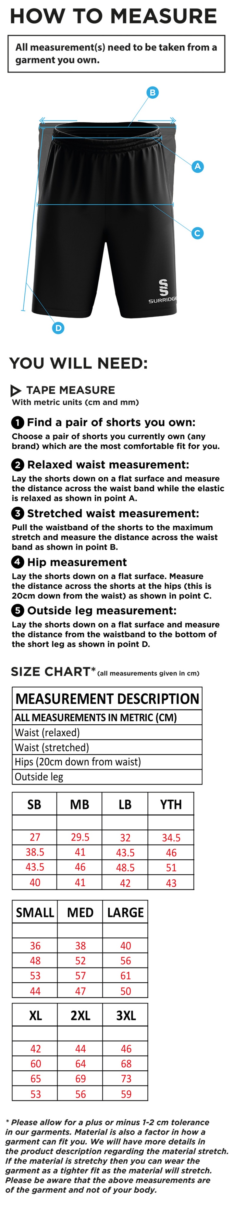 Brighton & Hove Crescent CC - Ripstop Pocketed Shorts - Size Guide