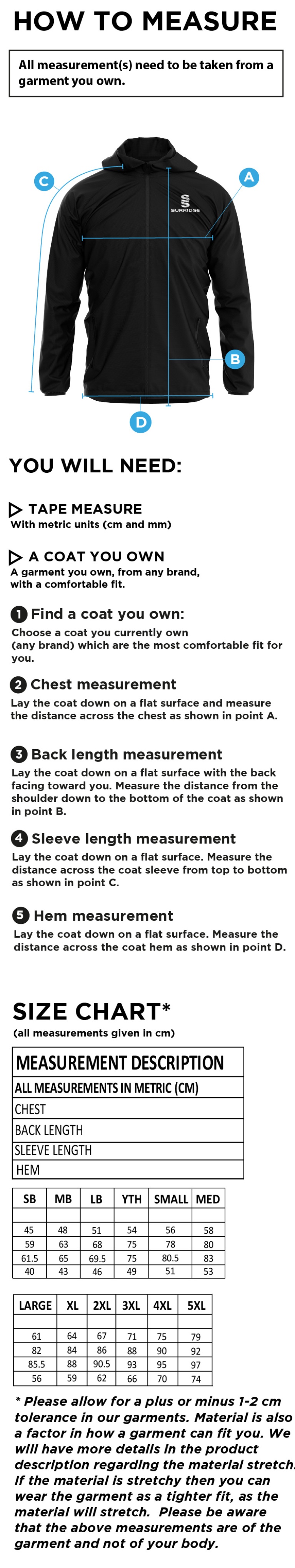 Brighton & Hove Crescent CC - Dual Full Zip Training Jacket - Size Guide