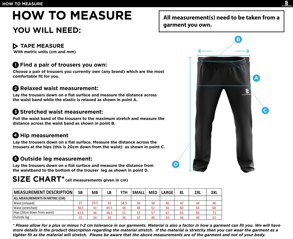Brighton & Hove Crescent CC - Rip Stop Track Pant - Size Guide