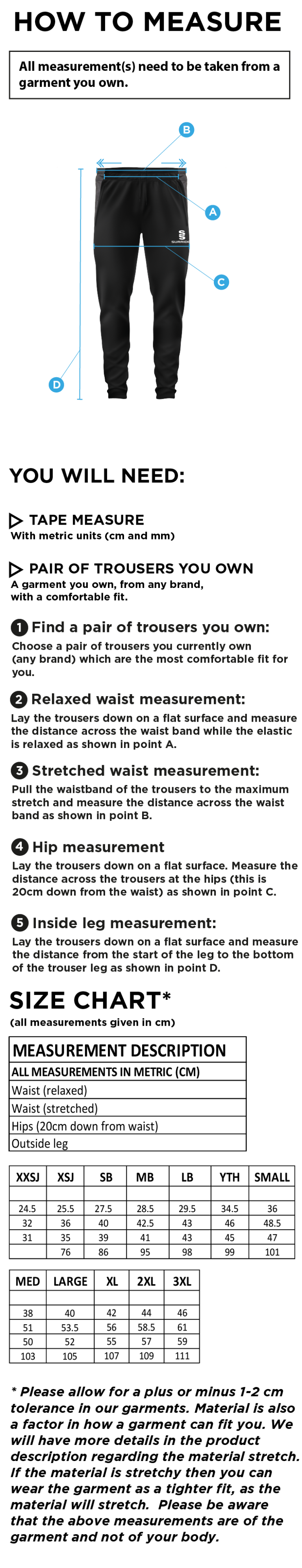 Brighton & Hove Crescent CC - Tek Slim Training Pants - Size Guide