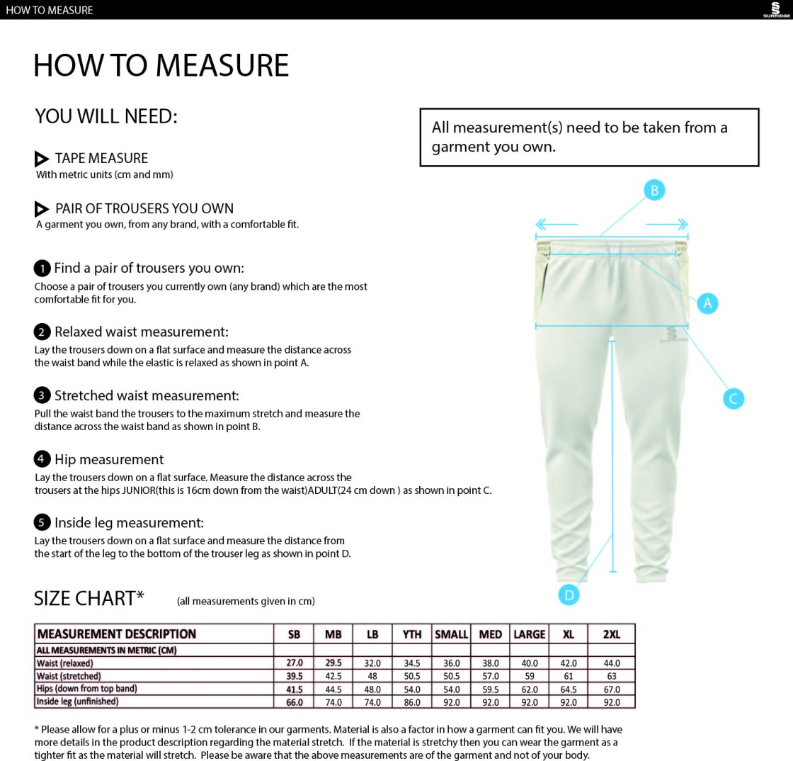 Brighton & Hove Crescent CC - Tek Playing Trousers - Size Guide