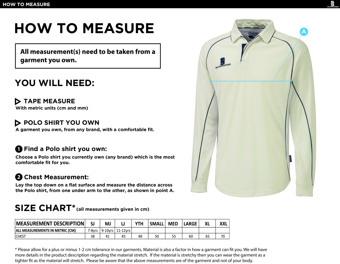 Brighton & Hove Crescent CC - Premier Shirt - Size Guide