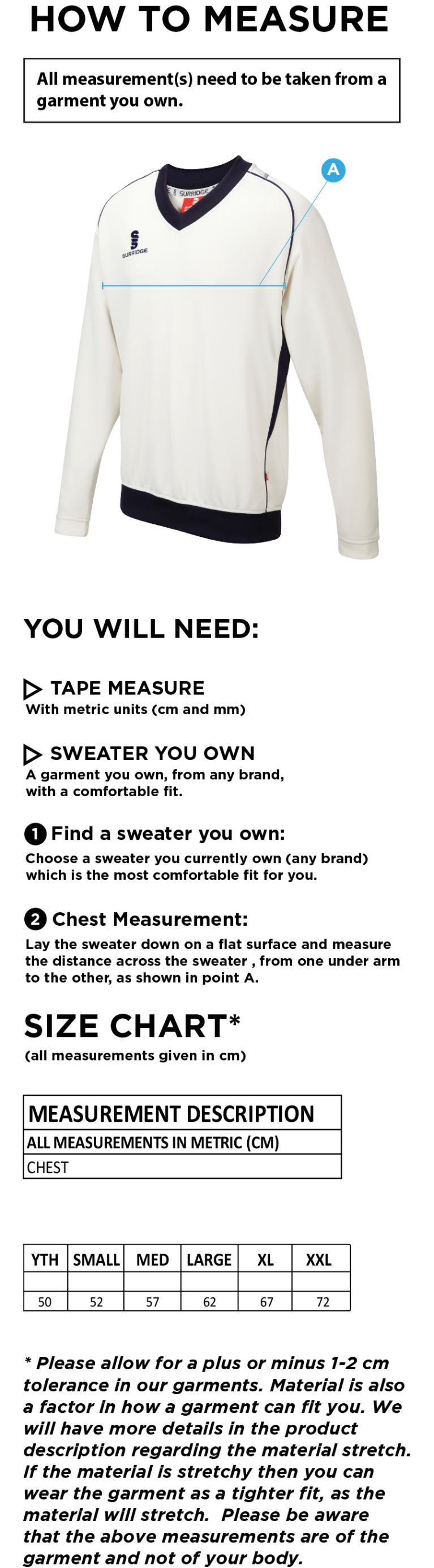 Brighton & Hove Crescent CC - Long Sleeve Sweater - Size Guide