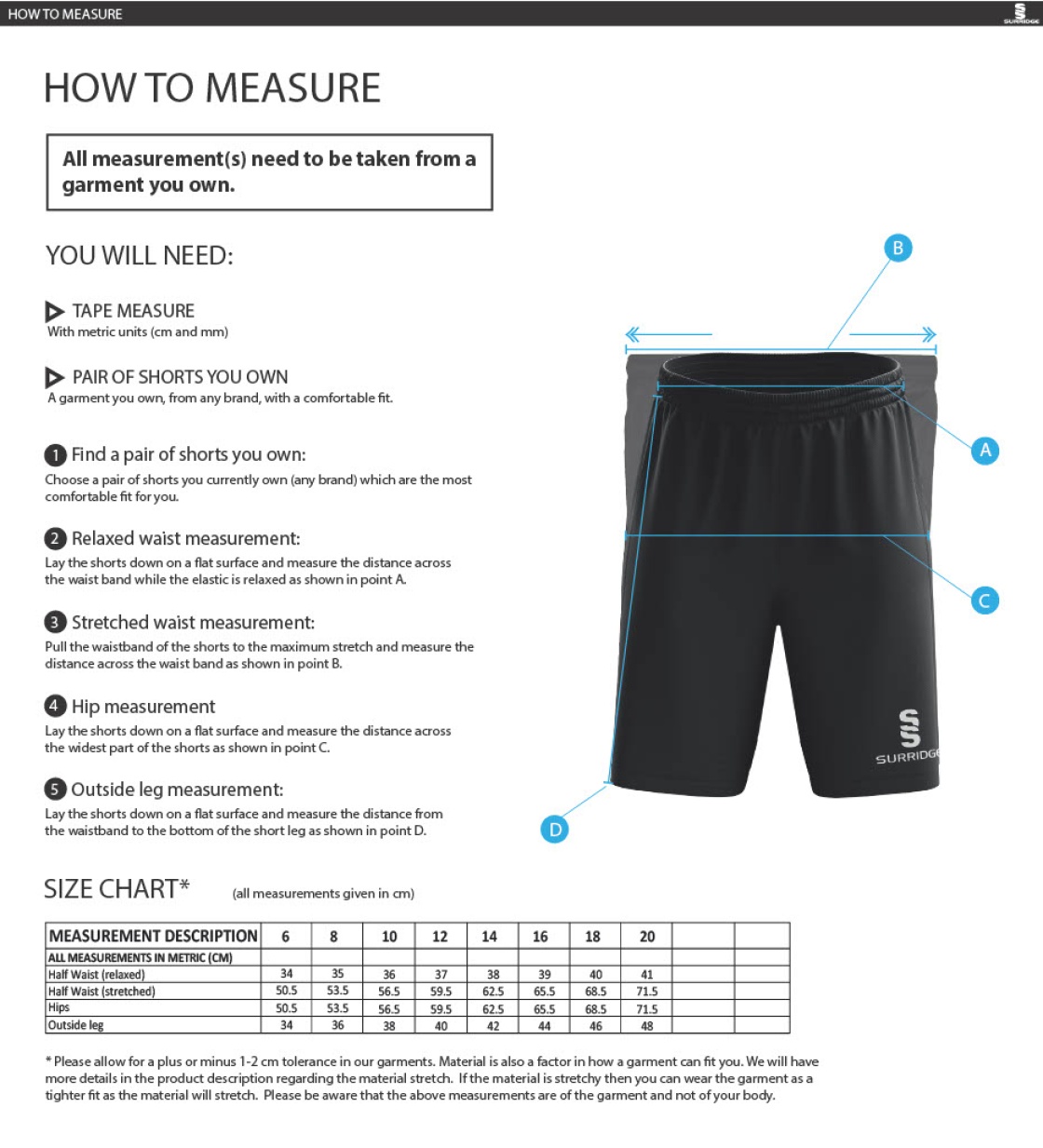 Brighton & Hove Crescent CC - Women's Ripstop Pocketed Shorts - Size Guide
