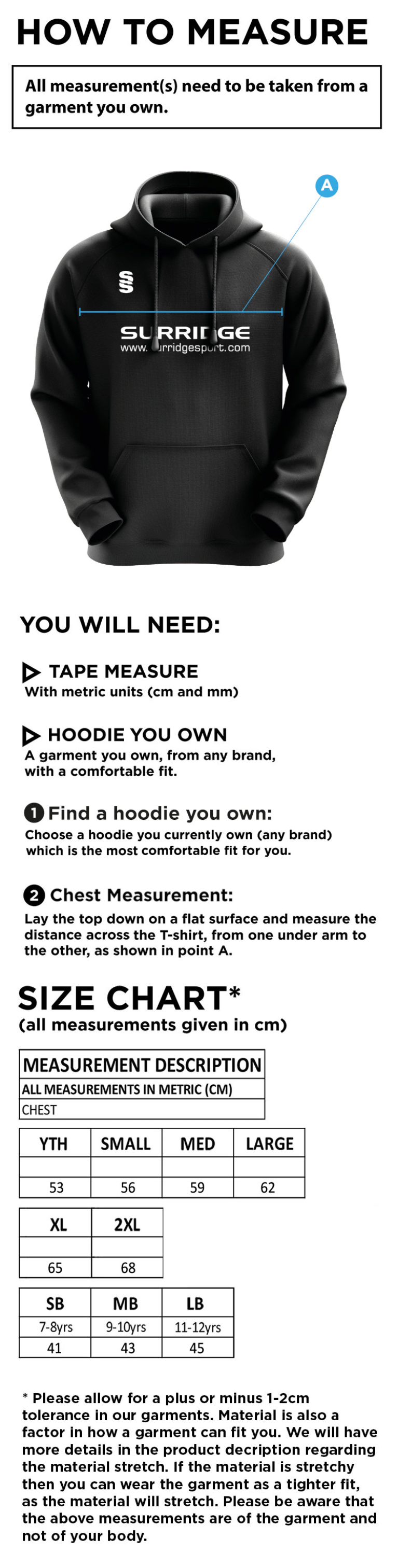 Brighton & Hove Crescent CC - Blade Hoody - Size Guide