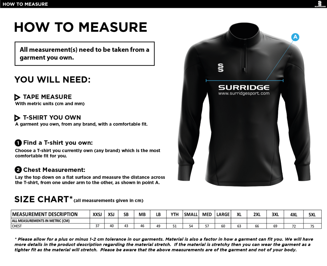 Brighton & Hove Crescent CC - 1/4 Zip Dual Performance Top - Size Guide