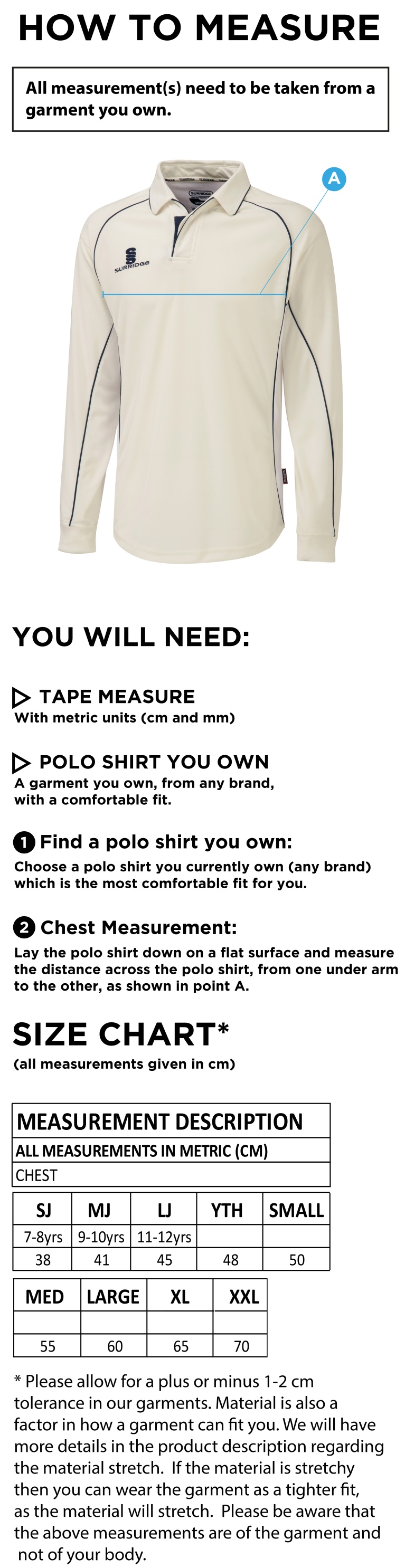 Brighton & Hove Crescent CC - Premier Shirt - Size Guide
