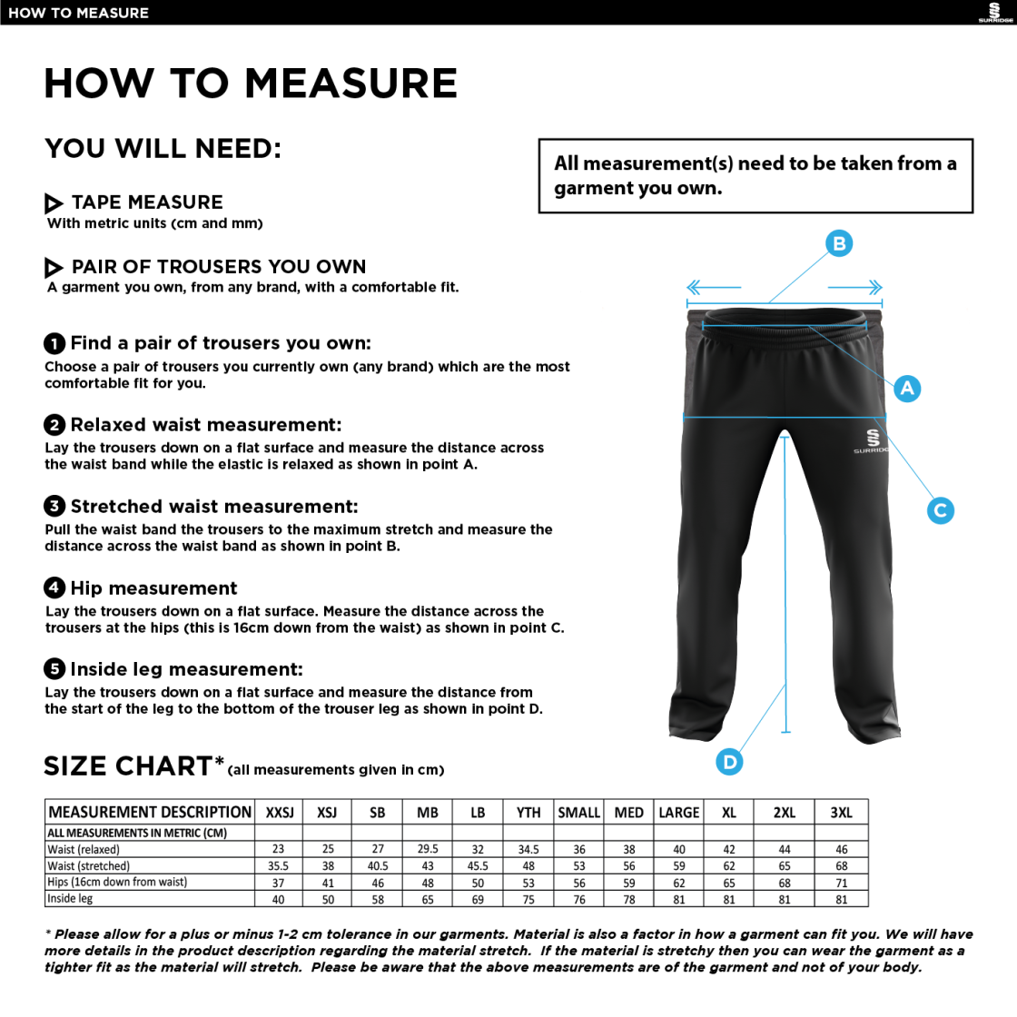 Brighton & Hove Crescent CC - Poplin Track Pant - Size Guide