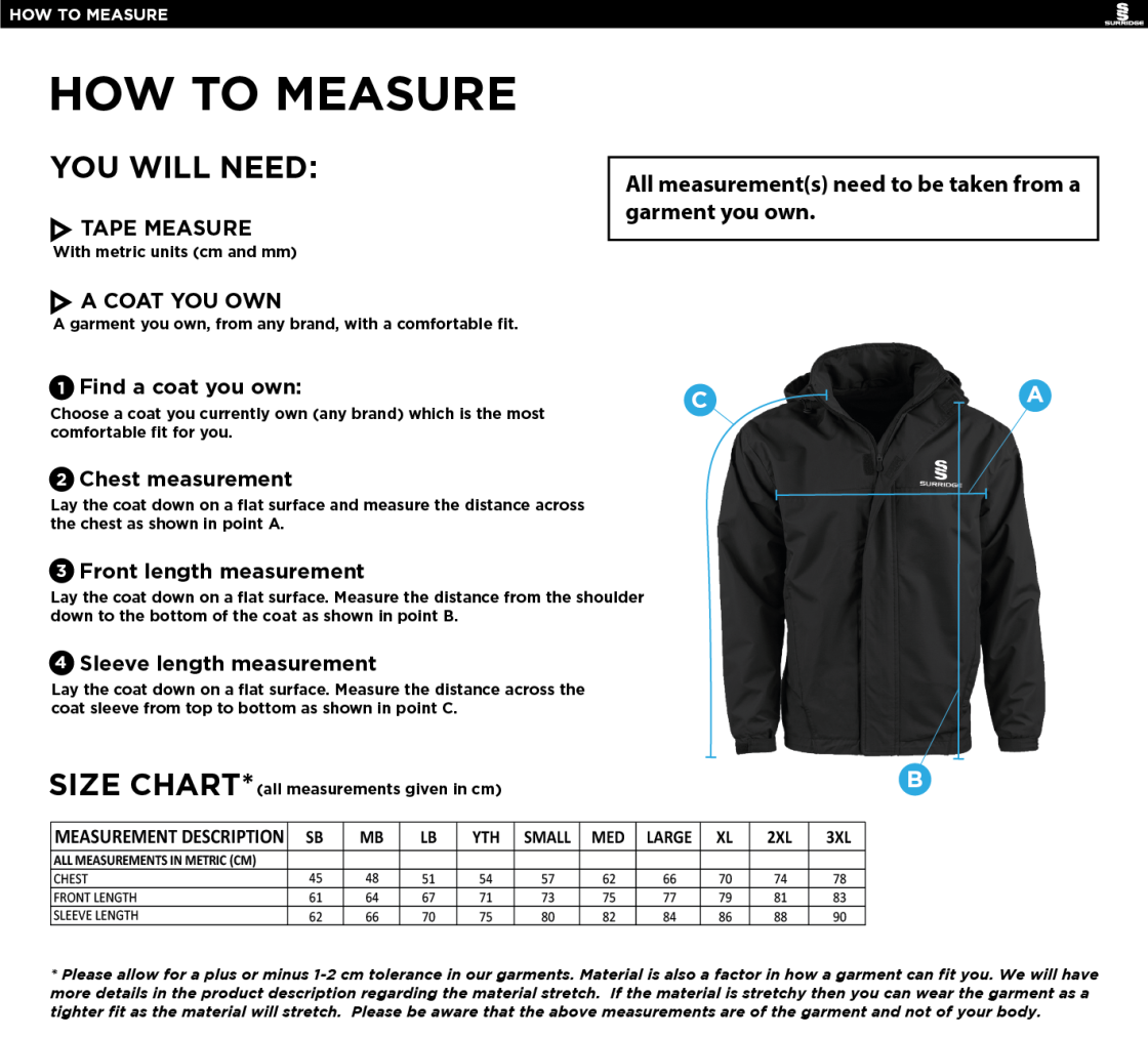 Brighton & Hove Crescent CC - Dual Fleece Lined Jacket - Size Guide