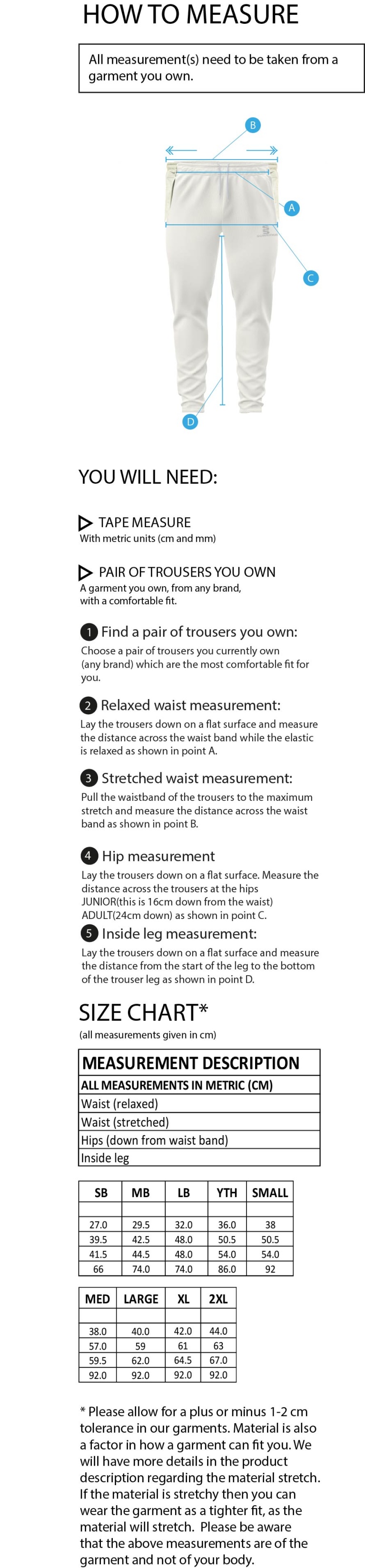 Brighton & Hove Crescent CC - Tek Playing Trousers - Size Guide