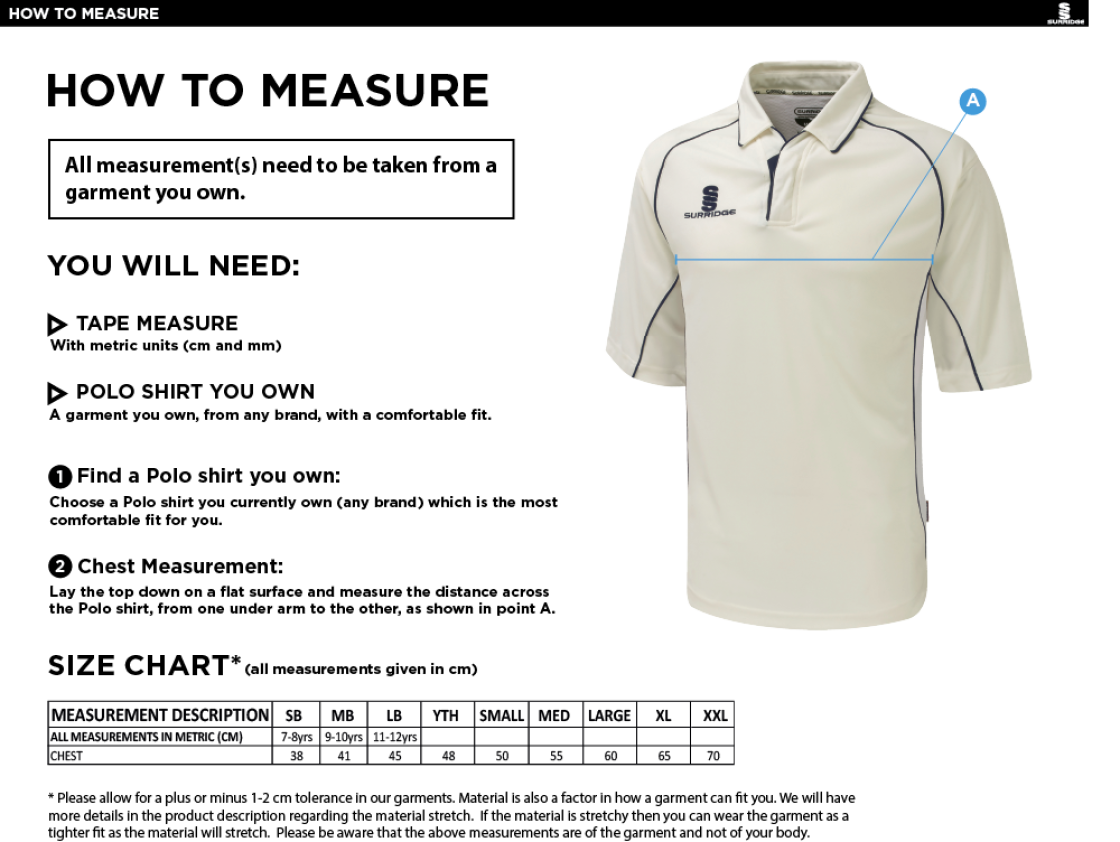 Brighton & Hove Crescent CC - 3/4 Premier Shirt - Size Guide