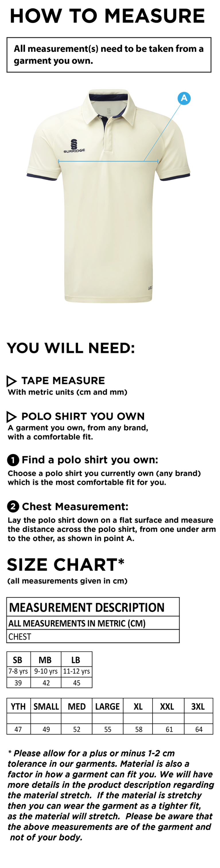 Brighton & Hove Crescent CC - Short Sleeve Tek Shirt - Size Guide