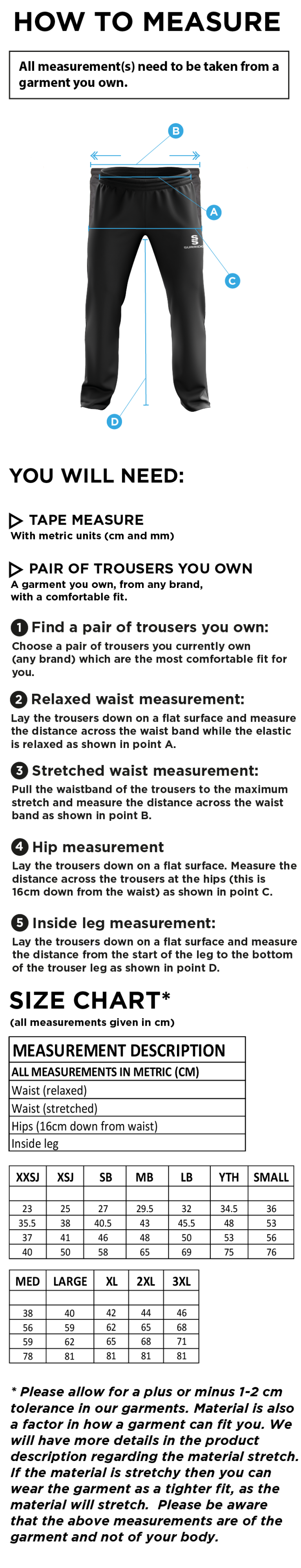 Brighton & Hove Crescent CC - Poplin Track Pant - Size Guide