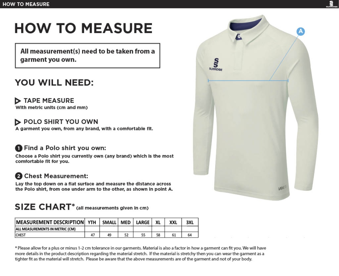 Brighton & Hove Crescent CC - Long Sleeve Tek Shirt - Size Guide
