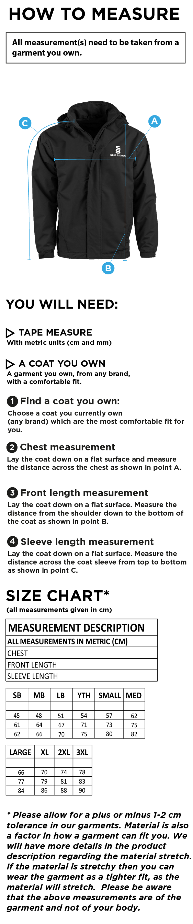 Brighton & Hove Crescent CC - Dual Fleece Lined Jacket - Size Guide